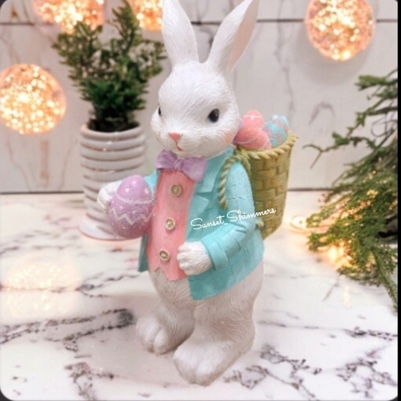14" Easter Bunny Rabbit w/ Basket of Eggs Pink Pastel Sparkly Spring Decor NEW - Picture 14 of 14